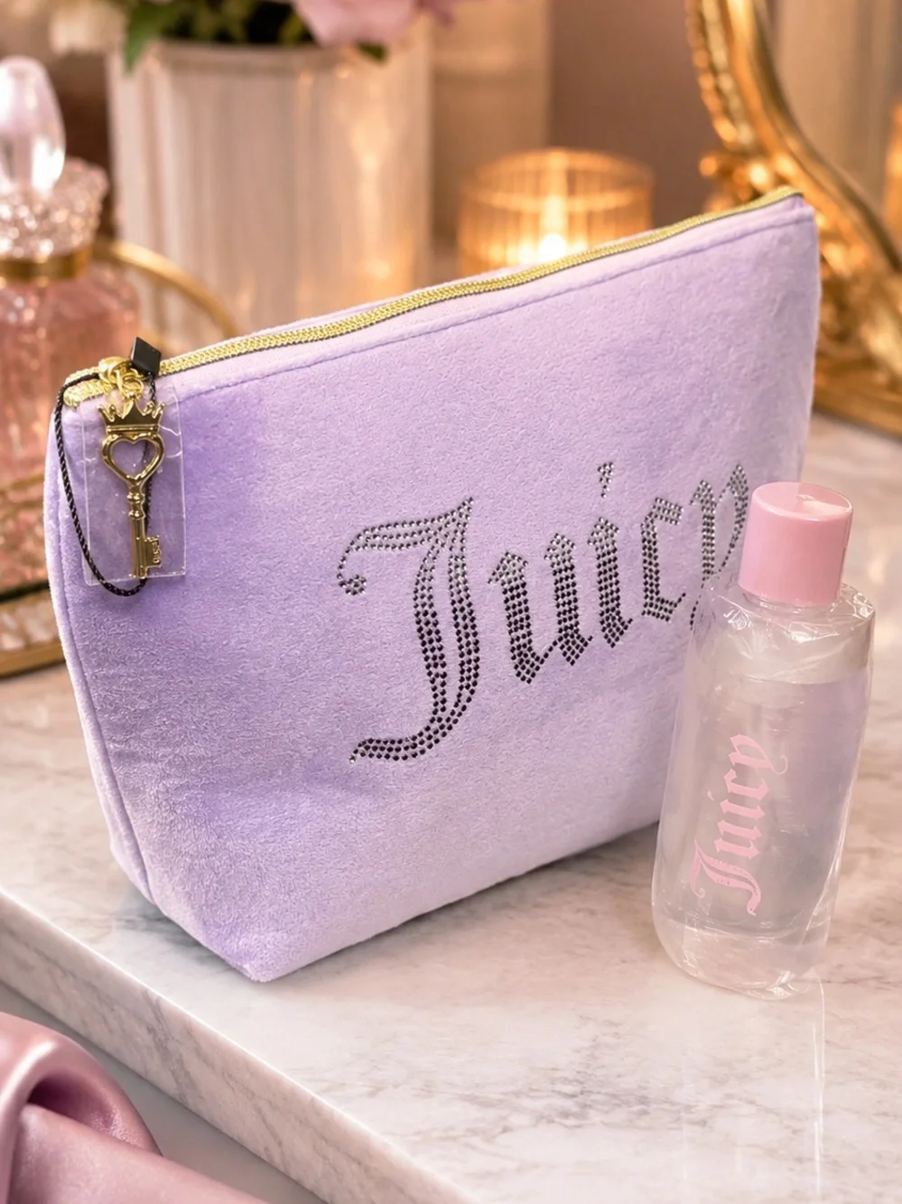 Juicy Couture Lavender Velour Rhinestone Makeup Bag + Travel Bottle NWT